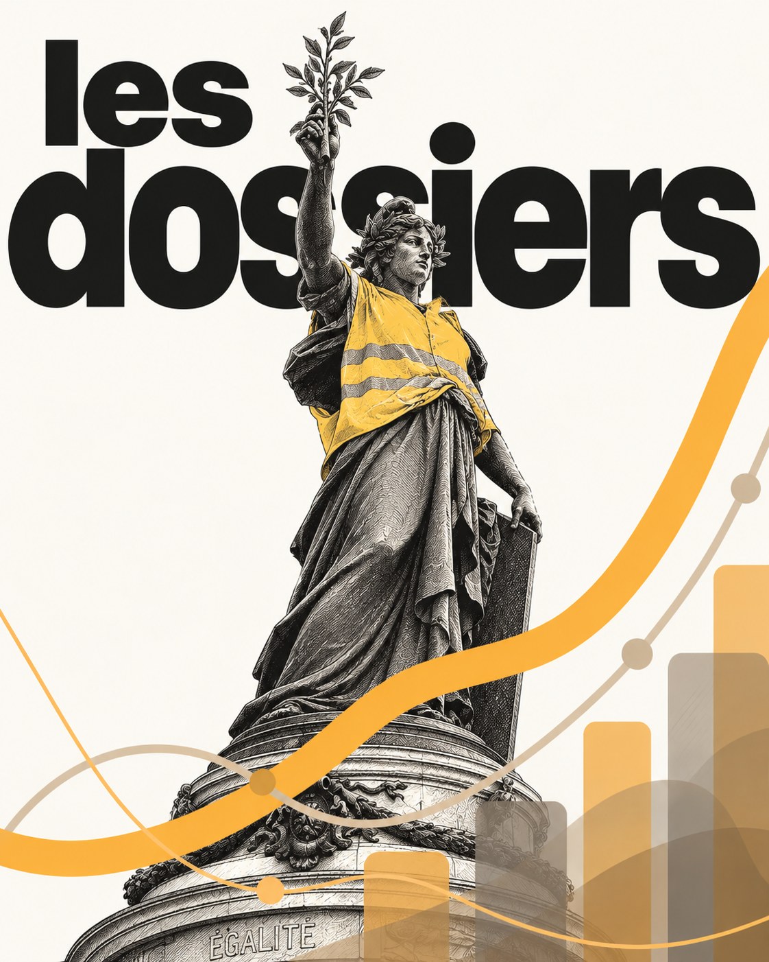 Illustration « Les dossiers » : la statue de la place de la République vêtue d'un gilet jaune, et des graphiques